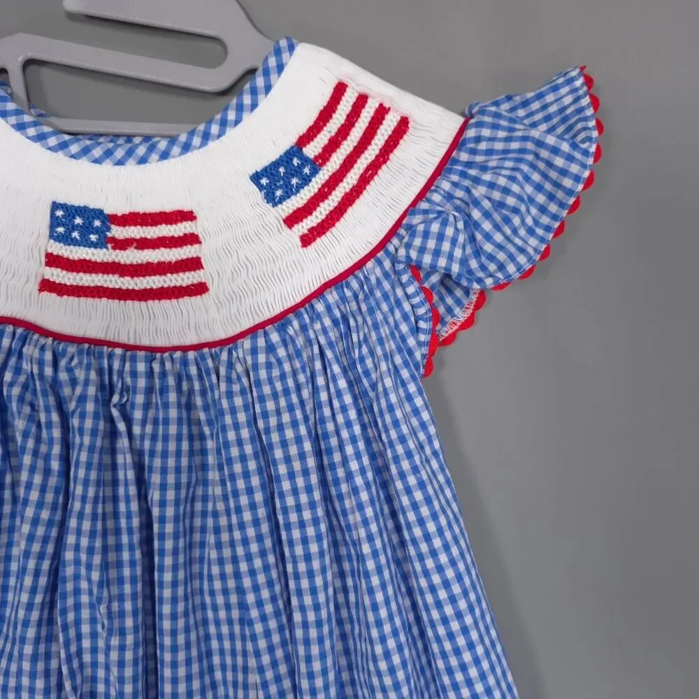 PLEATS & STITCHES Kids Girls Smocked Dress 5 USA Flags‎ Check Blue 100% HANDMADE